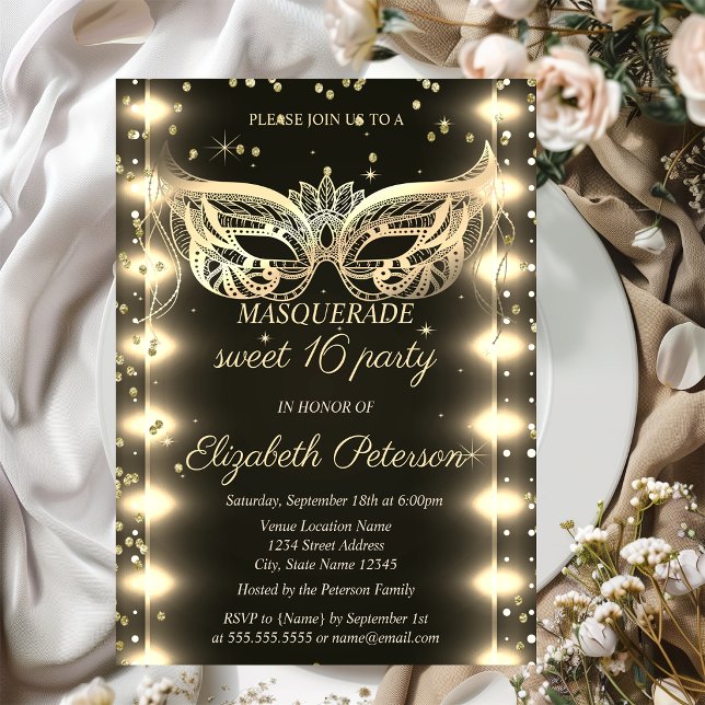 Invitation Masquerade Gold Diamonds Lights Sweet 16  (Créateur téléchargé)