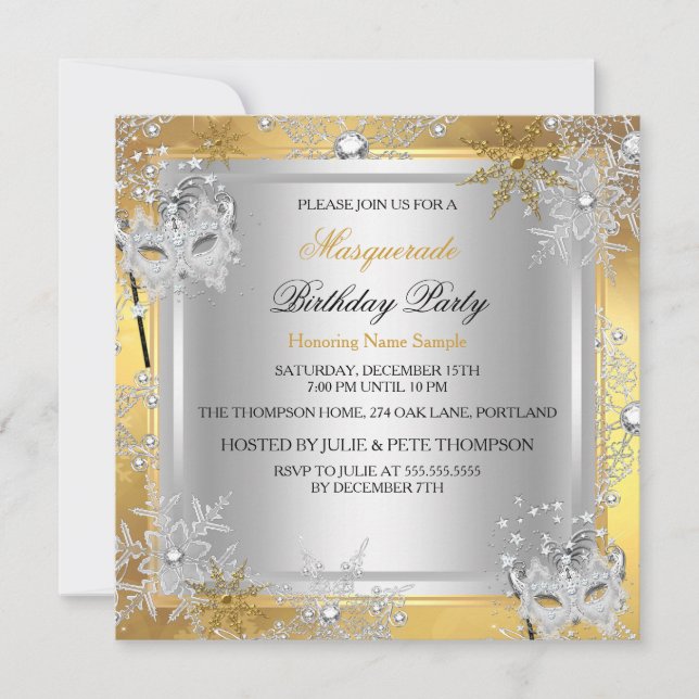 Invitation Masquerade Gold Flocons de Neige Masques Argentés  (Devant)
