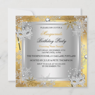 Invitation Masquerade Gold Flocons de Neige Masques Argentés 