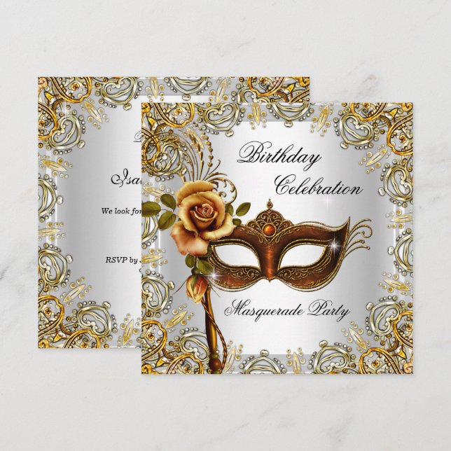Invitation Masquerade Gold Masque fête d'anniversaire (Devant / Derrière)
