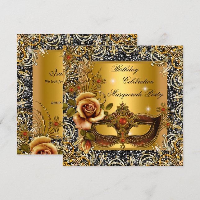 Invitation Masquerade Gold Masque Parties scintillant Black A (Devant / Derrière)