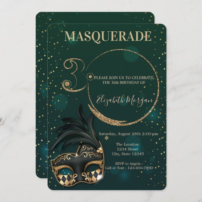 Invitation Masquerade Gold Parties scintillant Vert 30e anniv (Devant / Derrière)