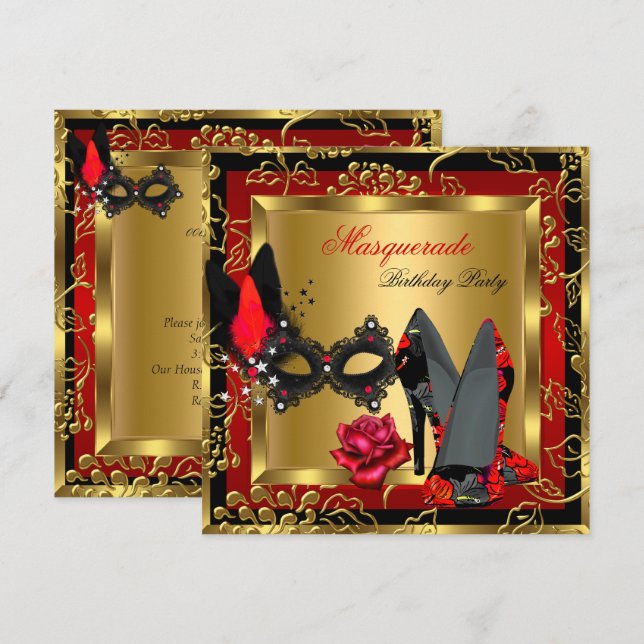 Invitation Masquerade Gold Red Black Haut Rose de masque (Devant / Derrière)