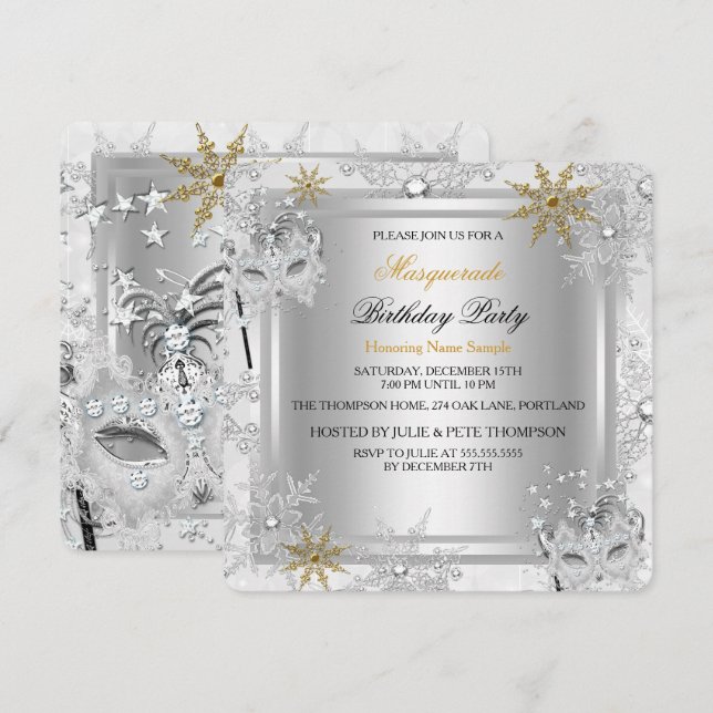 Invitation Masquerade Gold Snowflakes Silver Mask Party (Devant / Derrière)