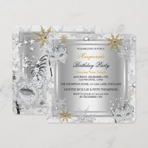 Invitation Masquerade Gold Snowflakes Silver Mask Party