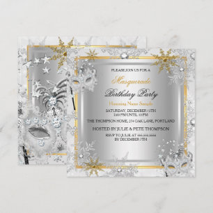 Invitation Masquerade Gold Snowflakes Silver Mask Party 2