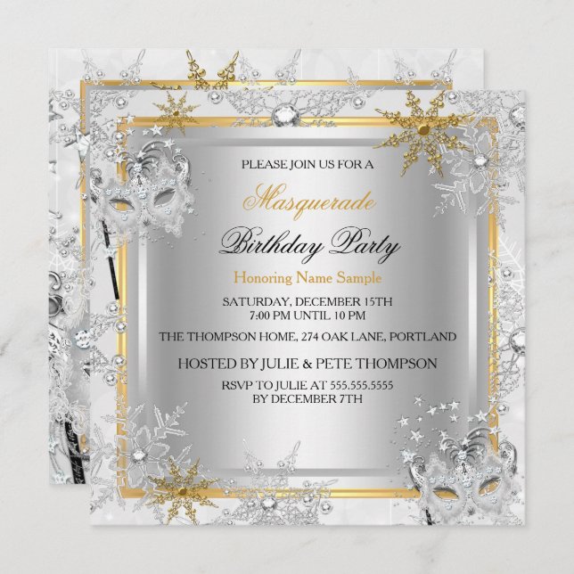 Invitation Masquerade Gold Snowflakes Silver Mask Party 2 (Devant / Derrière)