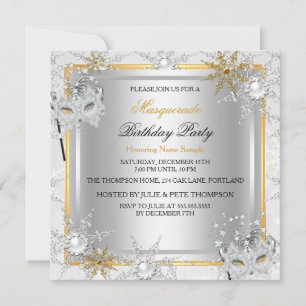 Invitation Masquerade Gold Snowflakes Silver Mask Party A