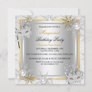 Invitation Masquerade Gold Snowflakes Silver Mask Party A
