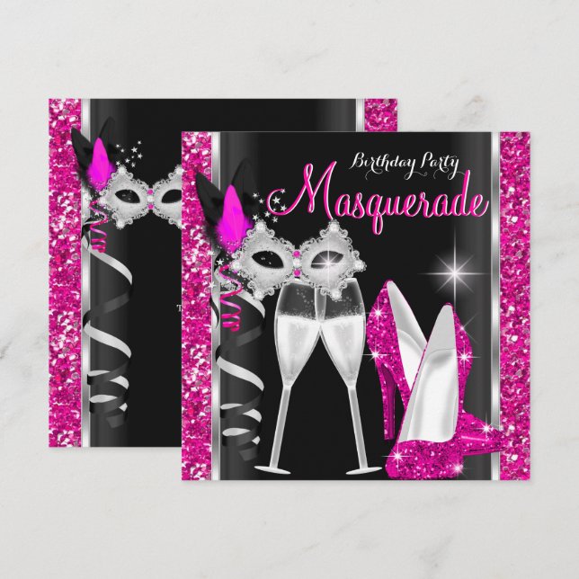 Invitation Masquerade Hi Heures Pink Black Champagne Party 2c (Devant / Derrière)