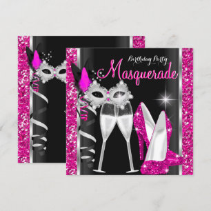 Invitation Masquerade Hi Heures Pink Black Champagne Party 2c