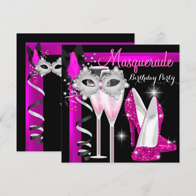 Invitation Masquerade Hi Heures Pink Black Champagne Party 3c (Devant / Derrière)