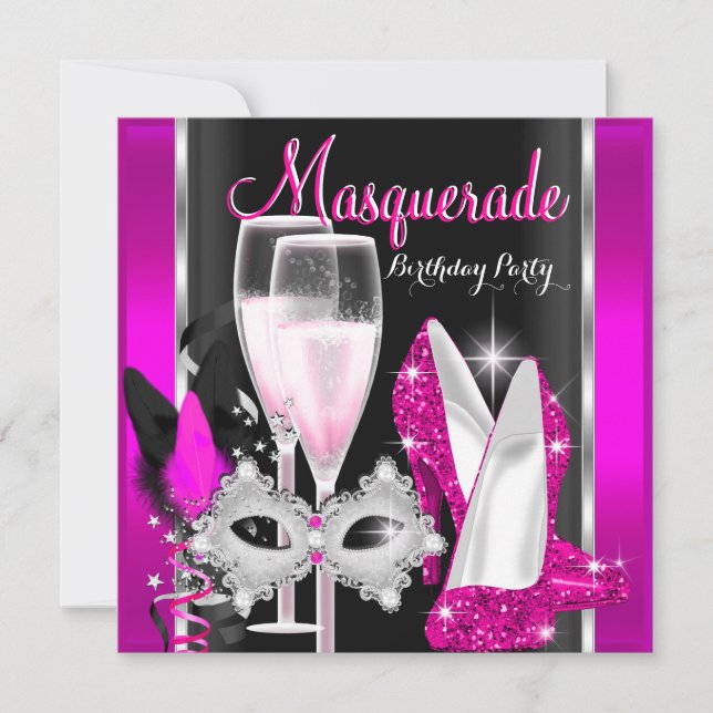 Invitation Masquerade Hi Heures Pink Black Champagne Party 3d (Devant)
