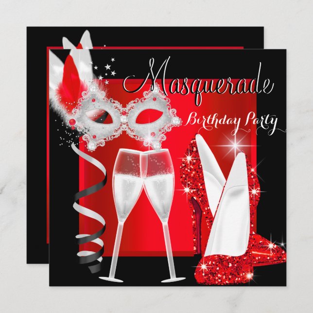 Invitation Masquerade Hi Heures Red Black Champagne Party 2 (Devant / Derrière)