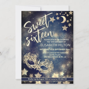 Invitation Masquerade lune & étoiles calligraphie sweet sixte