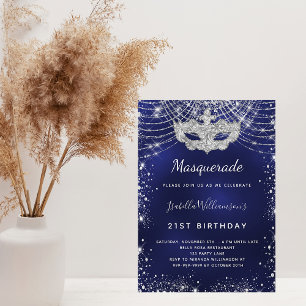Invitation Masquerade marine bleu argent fête d'anniversaire