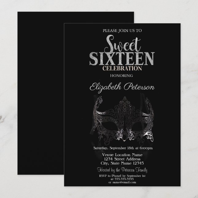 Invitation Masquerade, Masque Argenté Sweet 16 (Devant / Derrière)