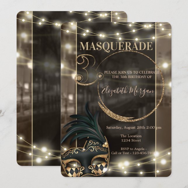 Invitation Masquerade Masque Guirlande Lumineuse 30e Annivers (Devant / Derrière)