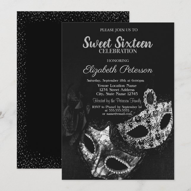Invitation Masquerade,Masque,Noir,Confettis Gris Sweet 16 (Devant / Derrière)