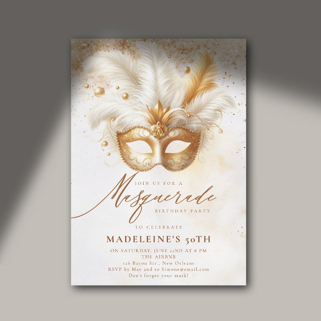 Invitation Masquerade Masque Or Blanc Dramatique 50e annivers (masquerade birthday party 50th for women white gold watercolor elegant modern classy stylish)