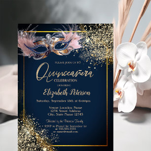 Invitation Masquerade Masque Paillettes Bleu Nuit Quinceanera