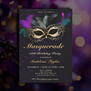Invitation Masquerade Masque Rose Or Noir 50e anniversaire