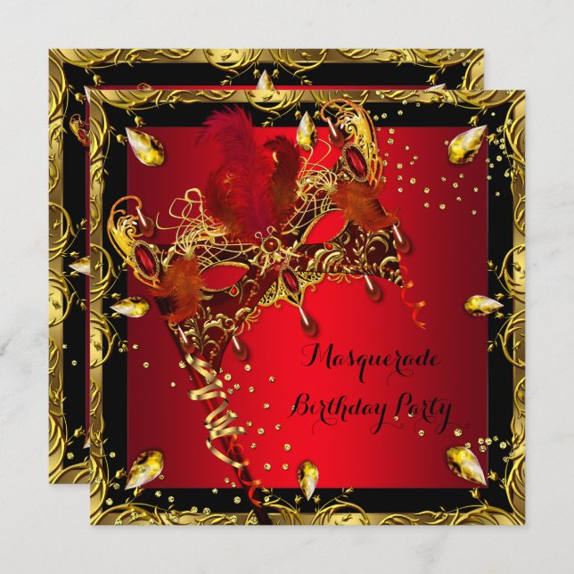 Invitation Masquerade Masque Rouge Gold fête d'anniversaire (Devant / Derrière)
