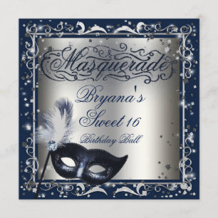 Invitation Masquerade Masque Silver & Royal Blue Birthday Par