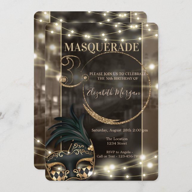 Invitation Masquerade Masque String Lights 30e anniversaire (Devant / Derrière)