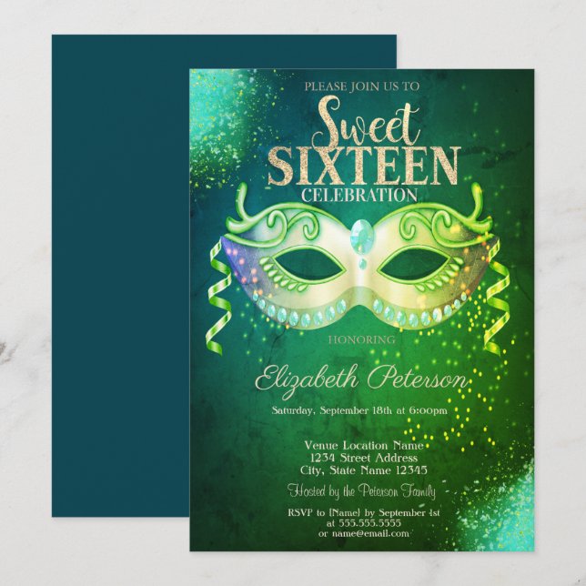 Invitation Masquerade,Masque,Vert Sucré 16 Or (Devant / Derrière)