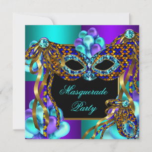 Invitation Masquerade Masques Purple Turquoise Bleu fête d'an