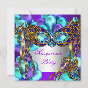 Invitation Masquerade Masques Purple Turquoise Bleu fête d'an