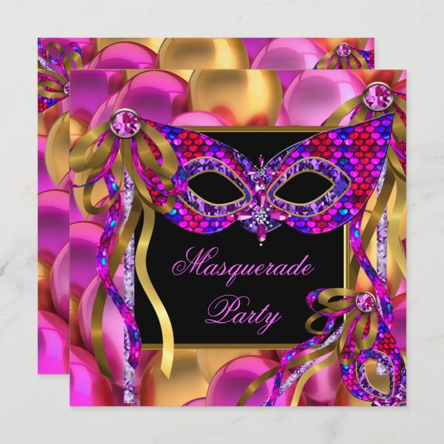 Invitation Masquerade Masques Rose violet bleu Anniversaire (Devant / Derrière)