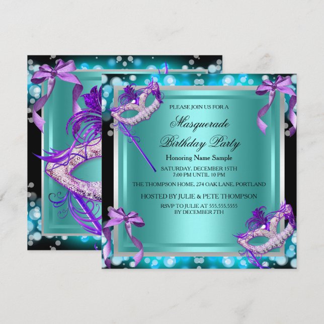 Invitation Masquerade Masques Violet Turquoise Fête d'anniver (Devant / Derrière)