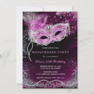 Invitation Masquerade Modifiable Noir et Rose Fête