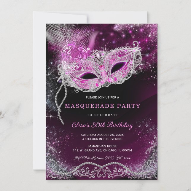 Invitation Masquerade Modifiable Noir et Rose Fête  (Devant)