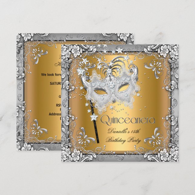 Invitation Masquerade Or Quinceanera 15ème Fête (Devant / Derrière)