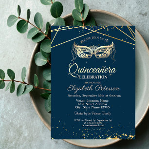 Invitation Masquerade, Or, Robe de Quinceañera bleu marine