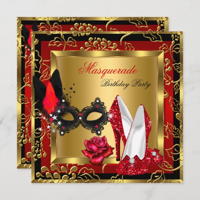 Invitation Masquerade or rouge noir Parties scintillant haute (Devant / Derrière)
