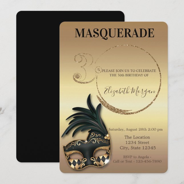 Invitation Masquerade Paillettes Dorées 30ème Anniversaire (Devant / Derrière)