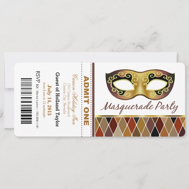 Invitation Masquerade Party Admettre un billet| bronze (Devant)