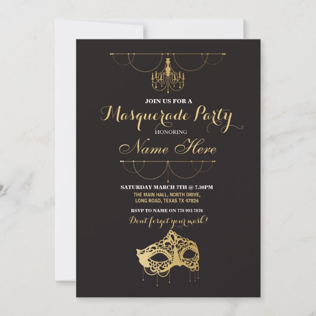 Invitation Masquerade Party Anniversaire Gold Mask (Devant)