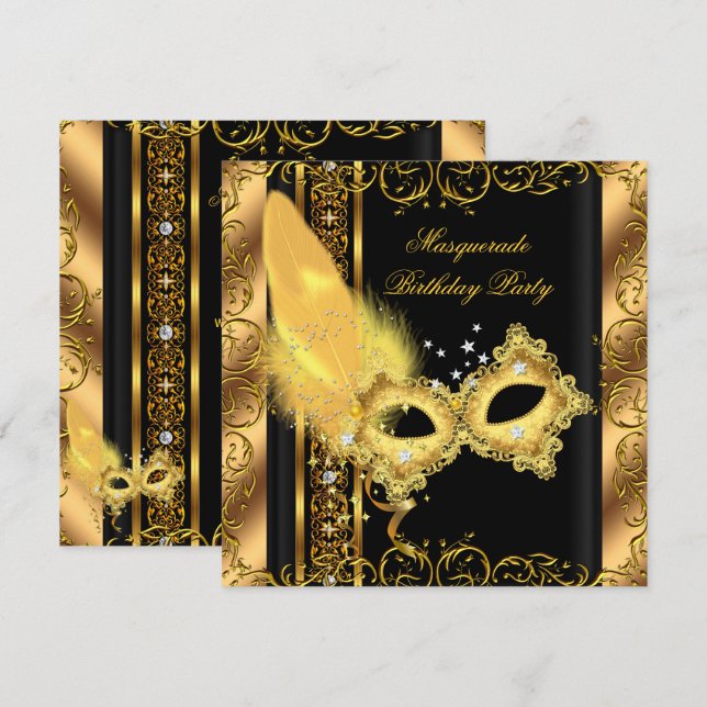 Invitation Masquerade Party Gold Black Jaune Masque 6 (Devant / Derrière)