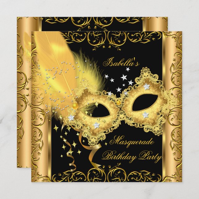 Invitation Masquerade Party Gold Black Yellow Mask 2 (Devant / Derrière)