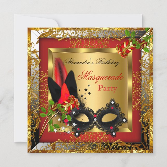 Invitation Masquerade Party Gold Red Black Mask Rose 2 (Devant)