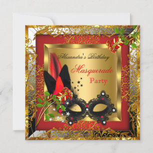 Invitation Masquerade Party Gold Red Black Mask Rose 2