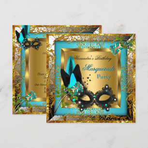 Invitation Masquerade Party Gold Turquoise Black Mask Rose