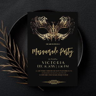 Invitation Masquerade Party Luxe Black Gold Anniversaire