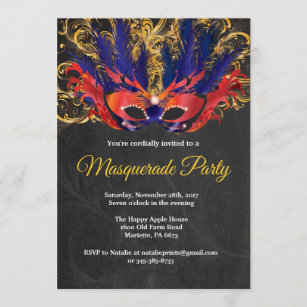 Invitation Masquerade Party Magique nuit Rouge Gold Blue
