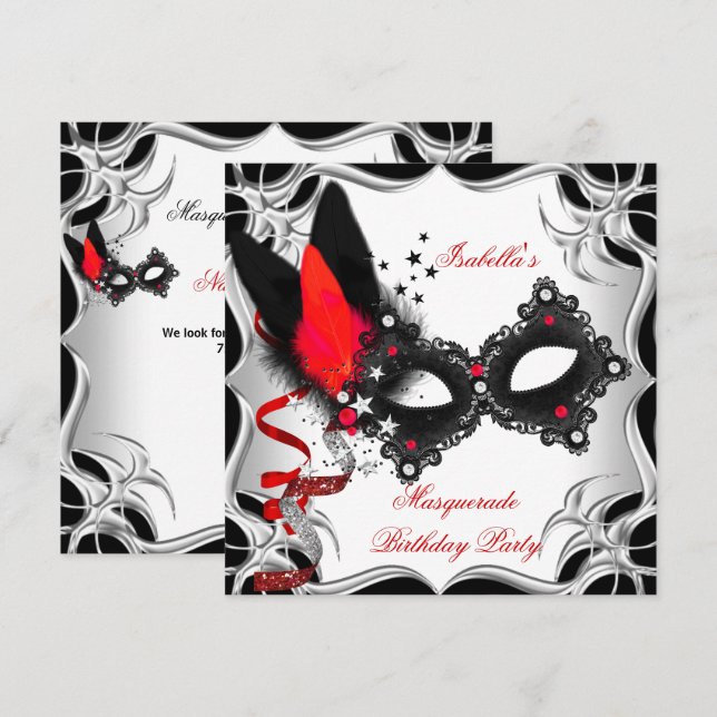 Invitation Masquerade Party Rouge argent noir Masque (Devant / Derrière)